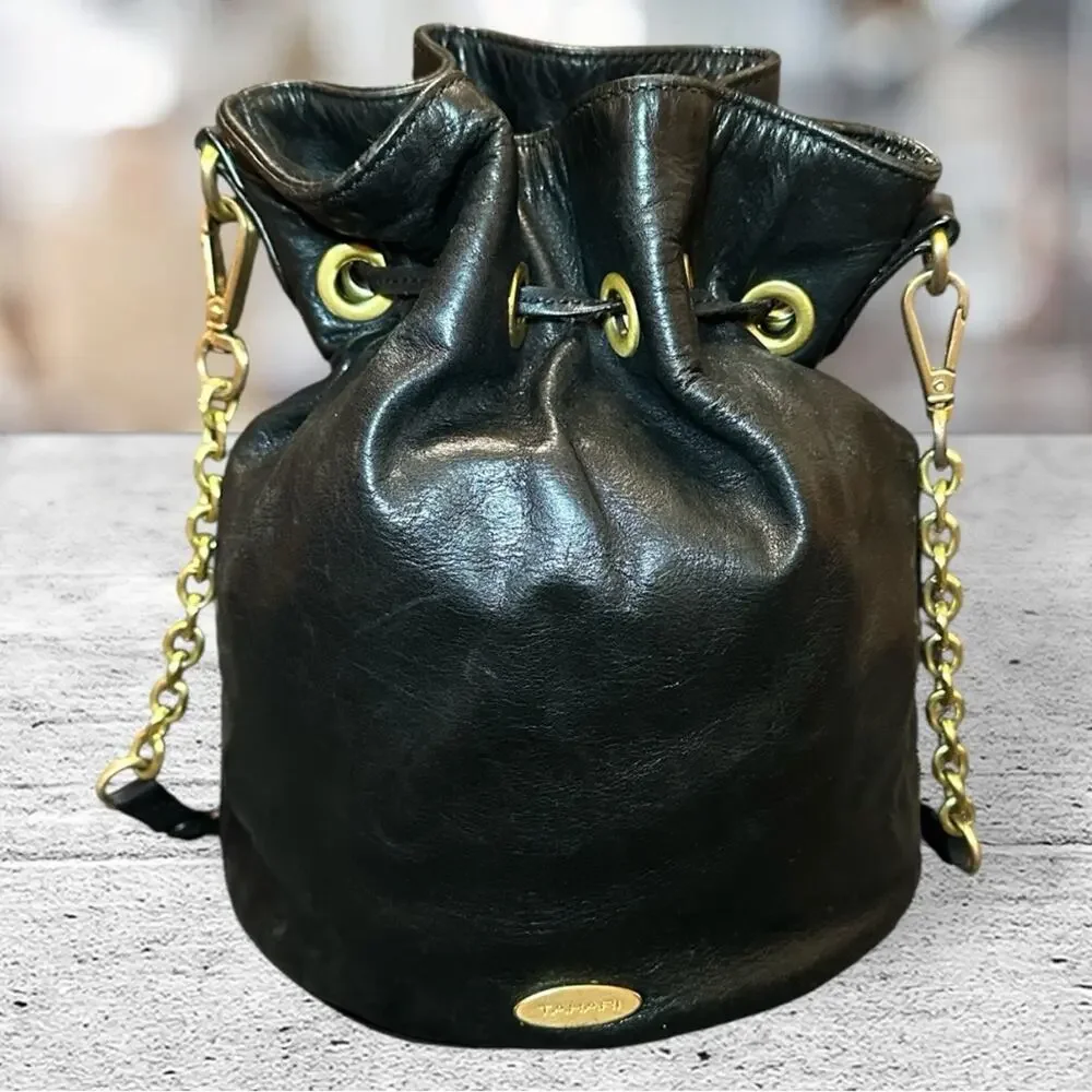 Tahari Black Leather Bucket Bag with Gold Chain
